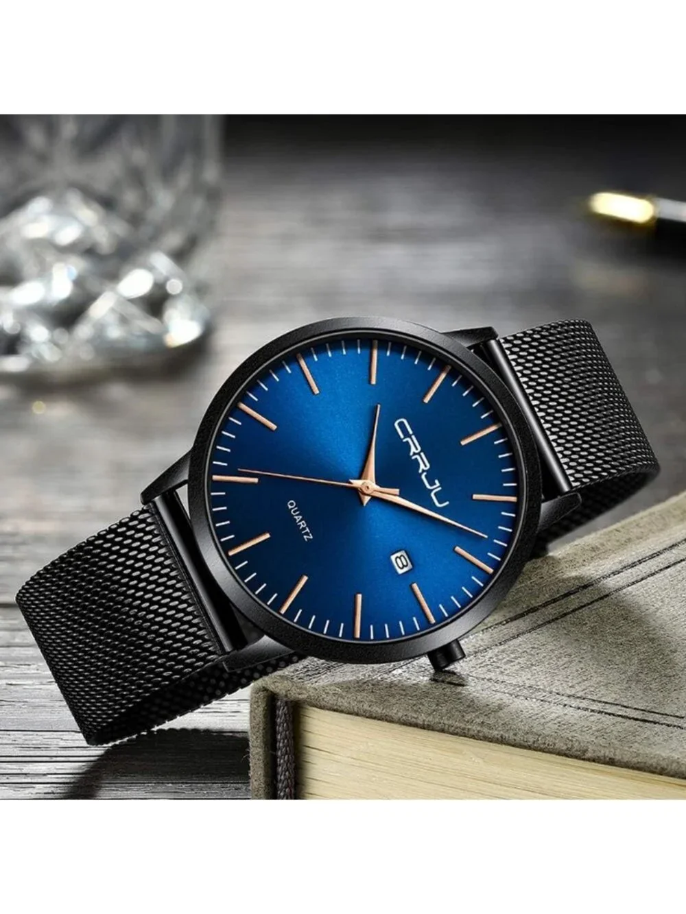 Men's Black Blue Gold Minimalist Luxury Quartz Stainless Steel Band Wrist Watch
